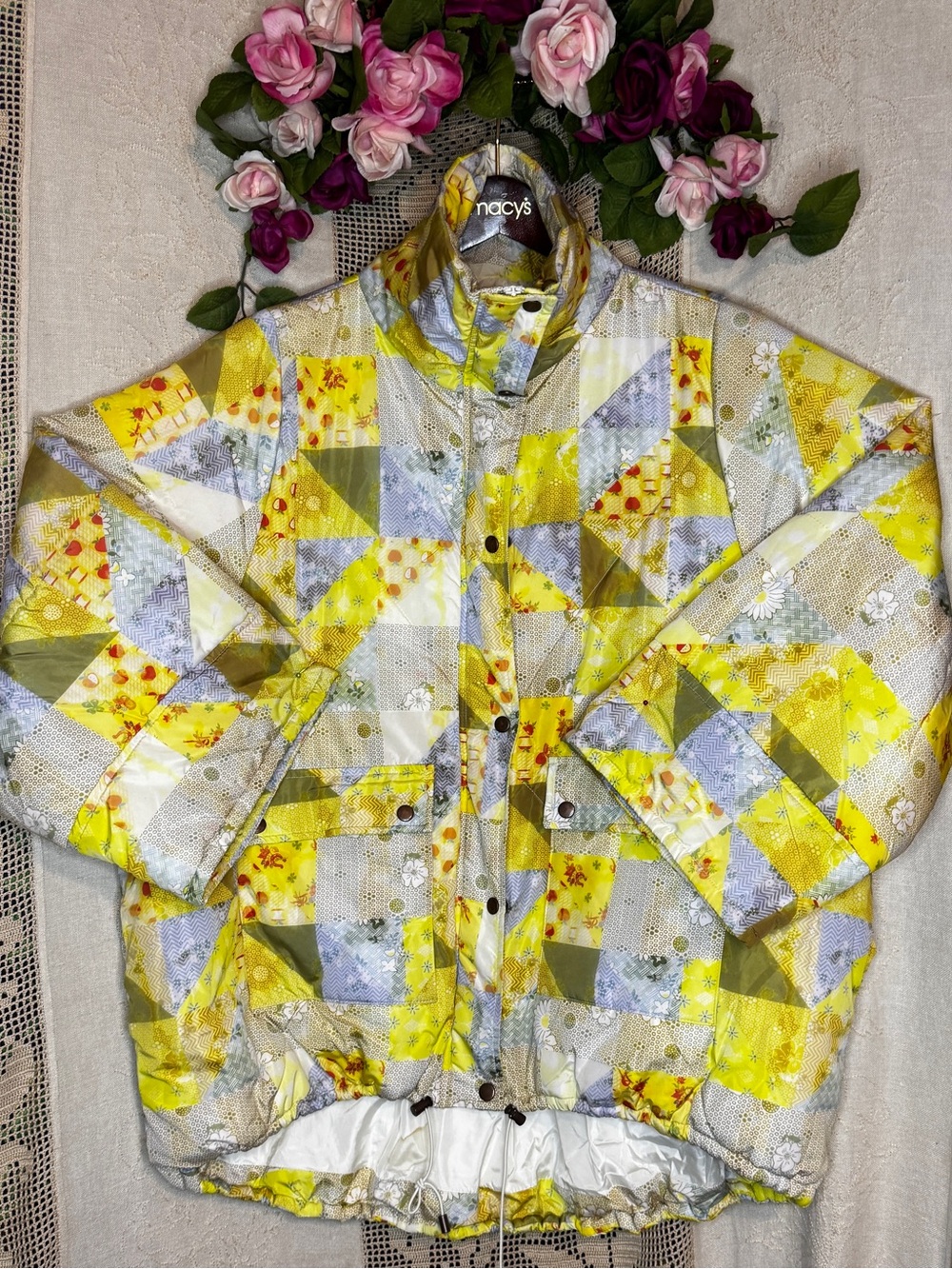 Urban Outfitters Kit Patchwork Print Puffer Jacket Size L Grandma Core EUC